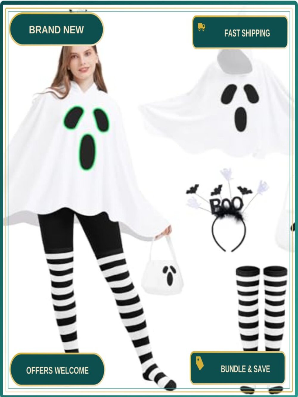 Ghost Poncho Costume Set Glow-in-the-Dark Halloween Cosplay